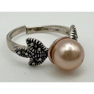 MD 925 sterling silver faux pale pink pearl genuine marcasite adjustable ring